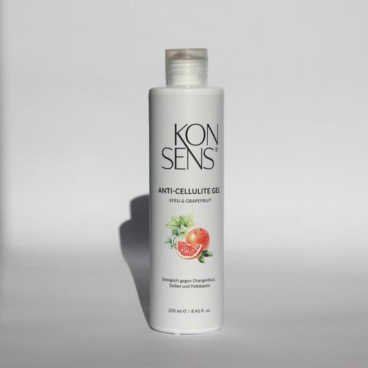 Anti-Cellulite Gel von Konsens, Tube vor hellem Hintergrund